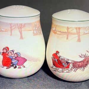 Vintage Hallmark Winter Scene & Santa Sleigh Ceramic Salt & Pepper Shakers